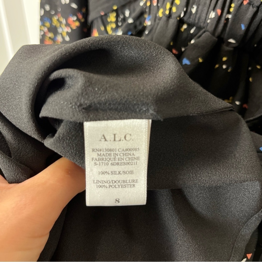 A.L.C Samantha Midi Black Dress with Multicolor Speckles, long Sleeve, 100% silk - Picture 7 of 16